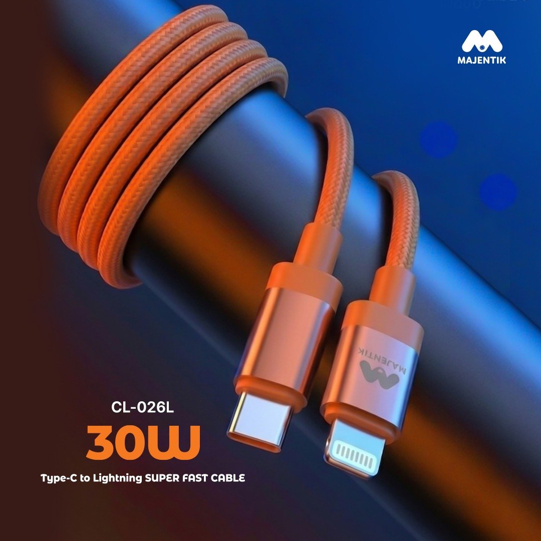 Cable Majentik CL-026 L USB-C to Lightning Flat Cable, Up to 30W Fast Charging, 1M, Tangle-Resistant with Data Transfer - Orange
